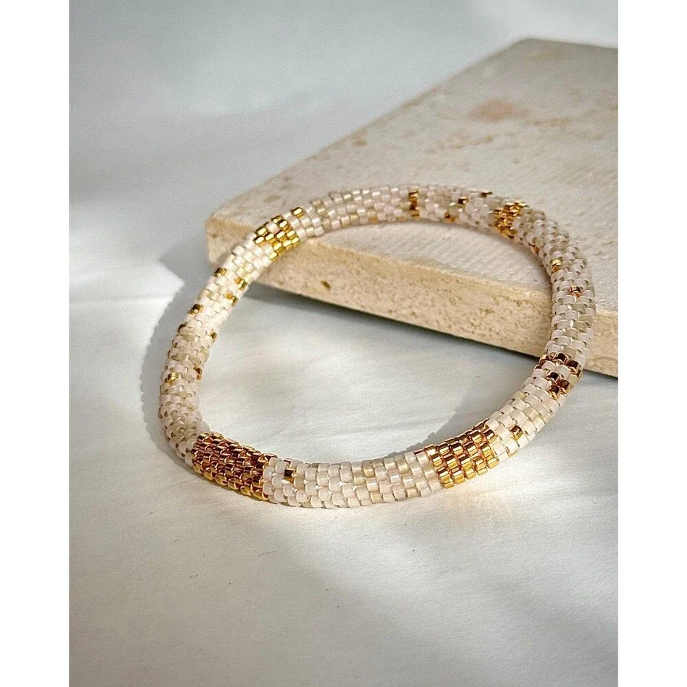 Handmade Miyuki Delica Bead Bracelet White 24k Gold Crochet Rope Artisan Gift
